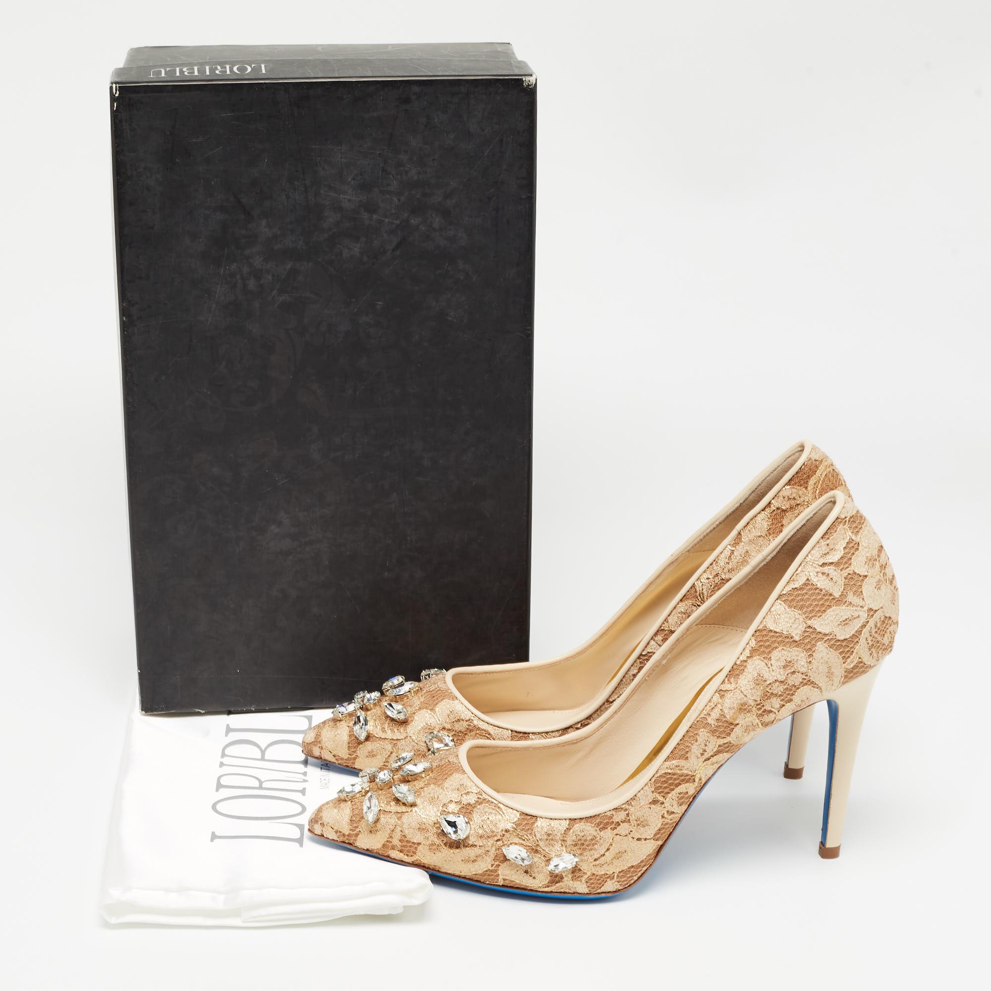 Loriblu Beige Lace Crystals Embellished Pumps Size 40 For Sale 5