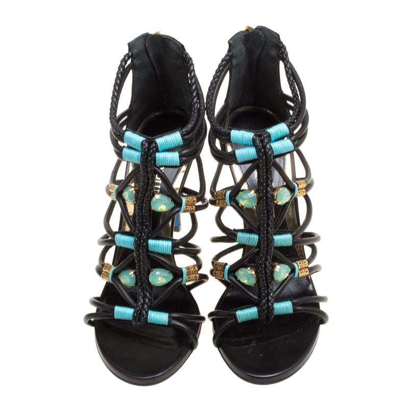 Women's Loriblu Bijoux Black Leather Crystal Embellished Strappy Sandals Size 38