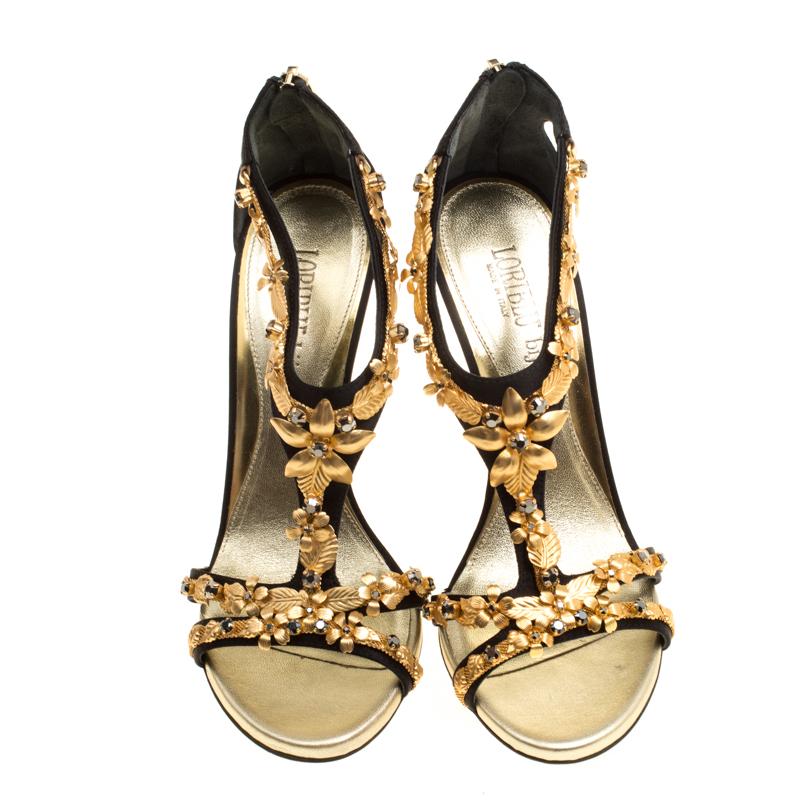 Women's or Men's Loriblu Bijoux Black Satin Floral Embellished Crystal Studded Sandals Size 38