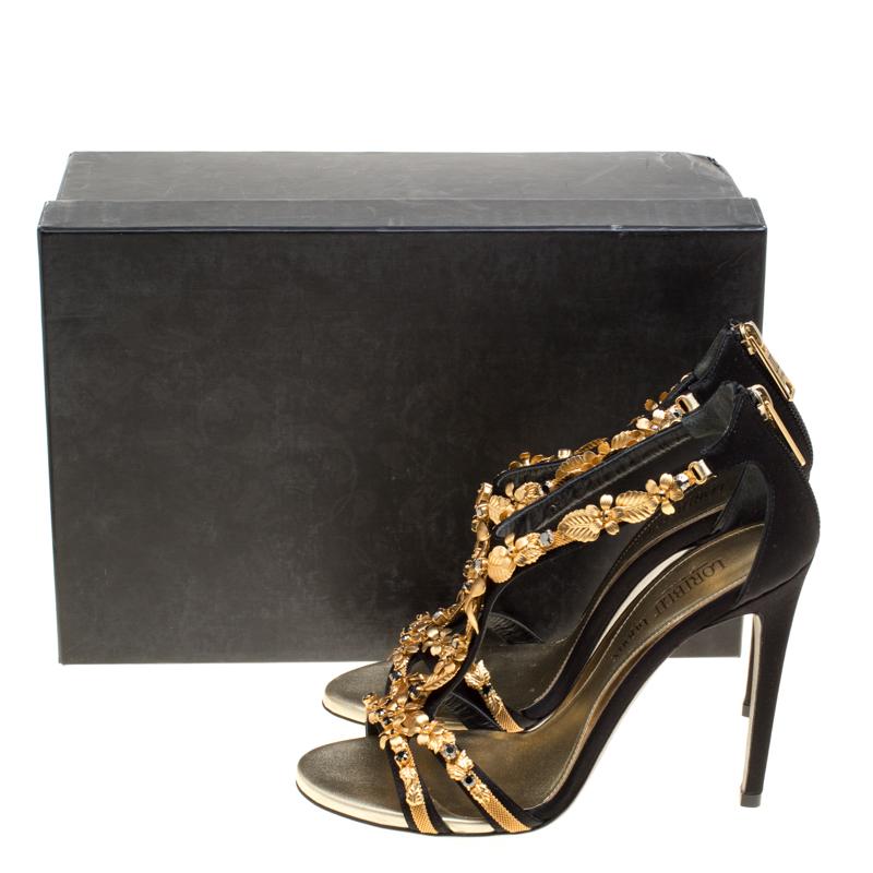 Loriblu Bijoux Black Satin Floral Embellished Crystal Studded Sandals Size 38 3