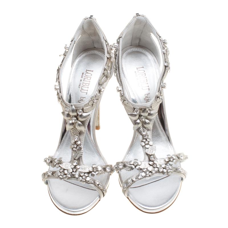 Gray Loriblu Bijoux Grey Satin Floral Embellished Crystal Studded Sandals Size 37.5