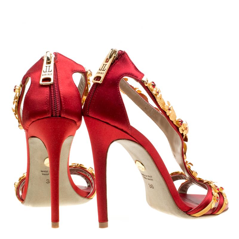 Women's Loriblu Bijoux Red Satin Floral Embellished Crystal Studded Sandals Size 36