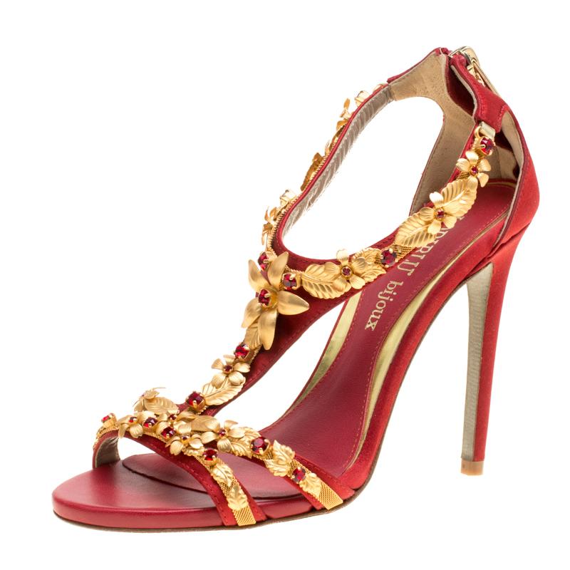 Loriblu Bijoux Red Satin Floral Embellished Crystal Studded Sandals Size 36