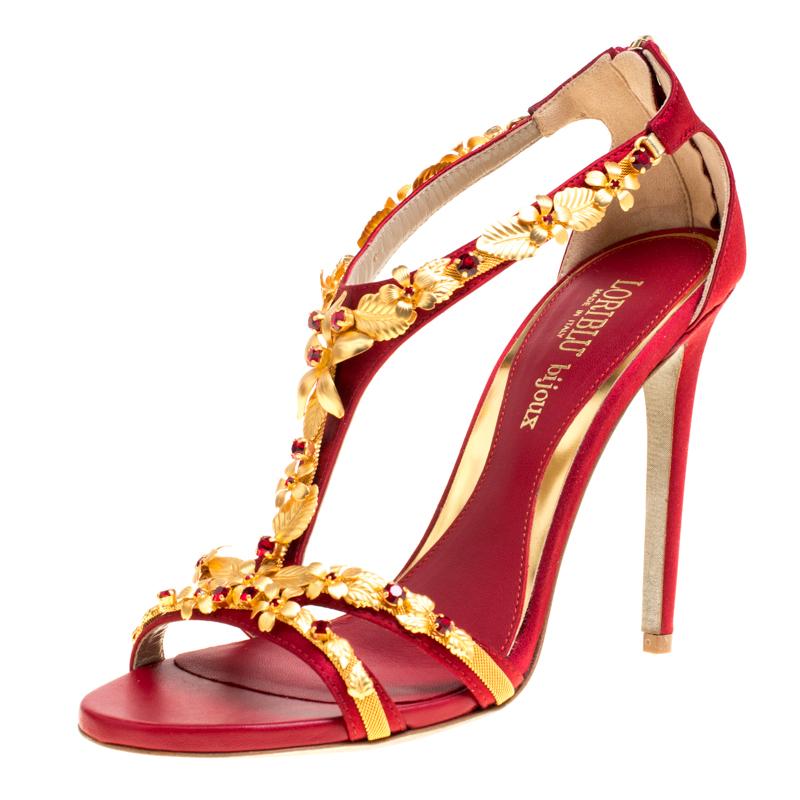 Loriblu Bijoux Red Satin Floral Embellished Crystal Studded Sandals Size 39