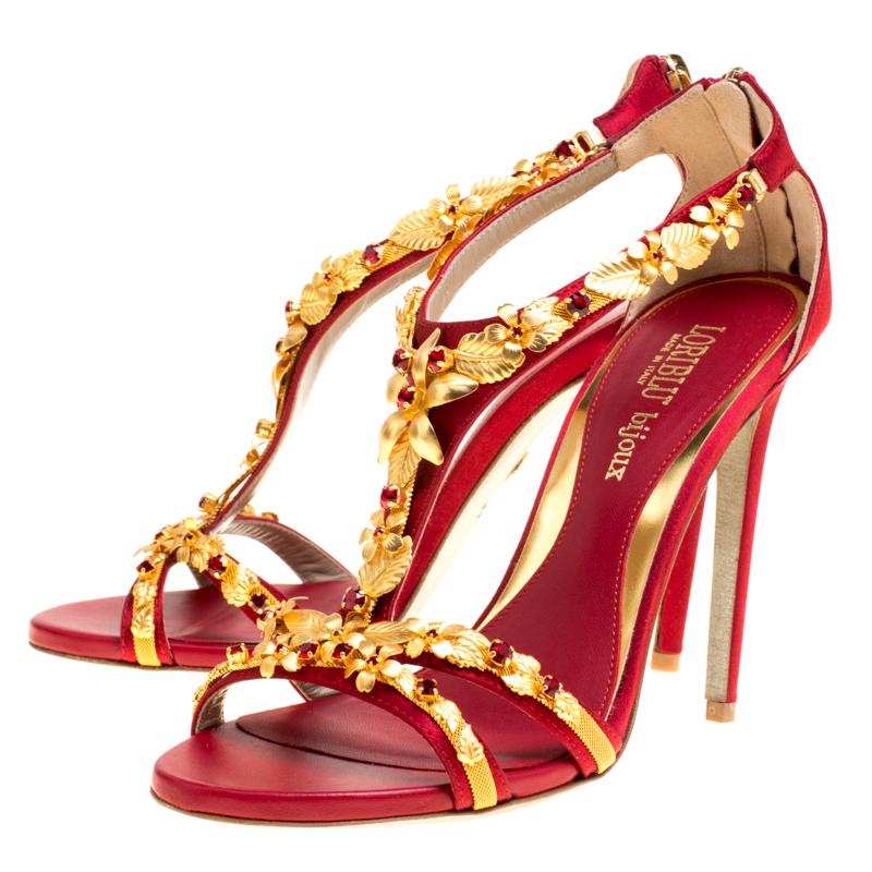 Loriblu Bijoux Red Satin Floral Embellished Crystal Studded Sandals Size 40 1