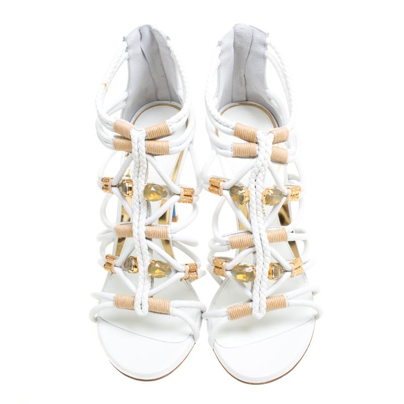 Loriblu Bijoux White Leather Crystal Embellished Strappy Sandals Size 38 In New Condition In Dubai, Al Qouz 2