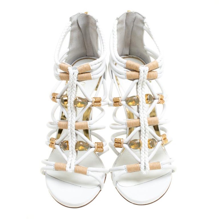 Loriblu Bijoux White Leather Crystal Embellished Strappy Sandals Size ...