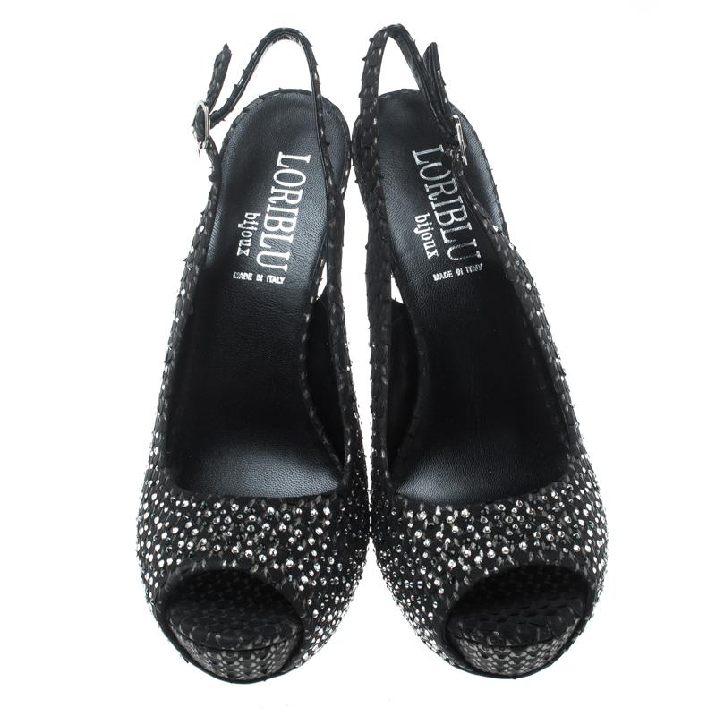 Loriblu Black Crystal Embellished Textured Nubuck Peep Toe Slingback Sandals In New Condition In Dubai, Al Qouz 2