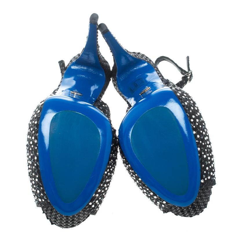 Loriblu Black Crystal Embellished Textured Nubuck Peep Toe Slingback Sandals 2