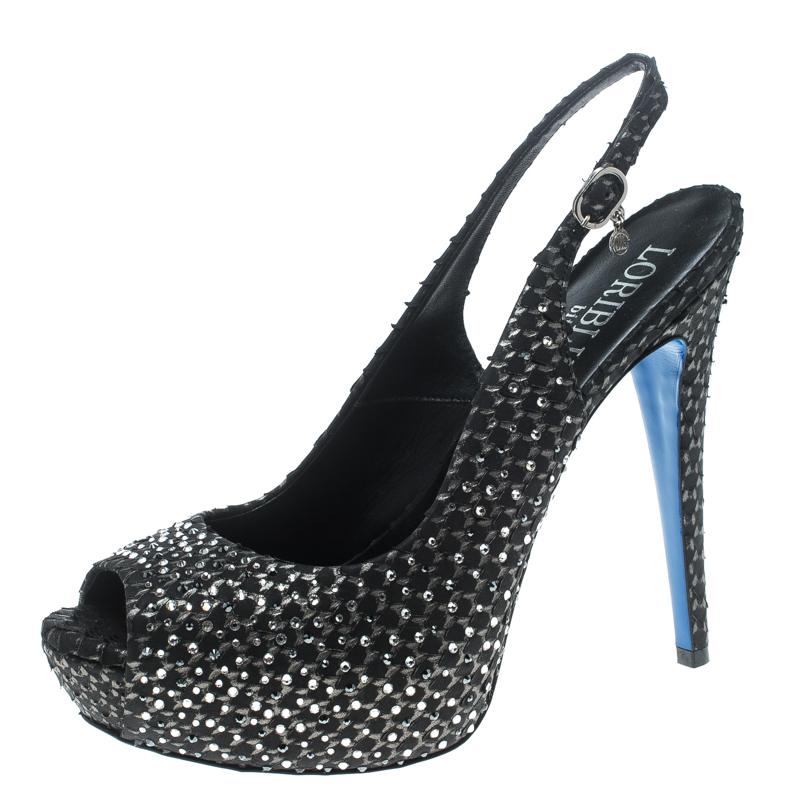 Loriblu Black Crystal Embellished Textured Nubuck Peep Toe Slingback Sandals