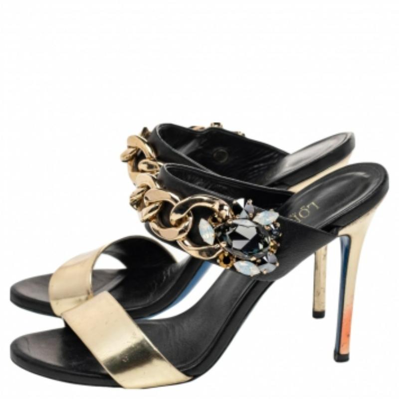 Brown Loriblu Black/Gold Leather Embellished Chain Detail Slide Sandals Size 37.5