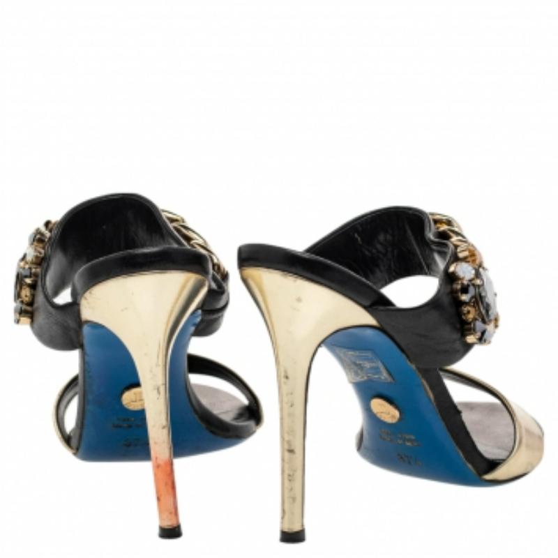 Women's Loriblu Black/Gold Leather Embellished Chain Detail Slide Sandals Size 37.5