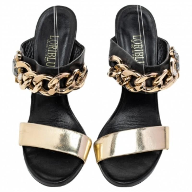 Loriblu Black/Gold Leather Embellished Chain Detail Slide Sandals Size 37.5 1