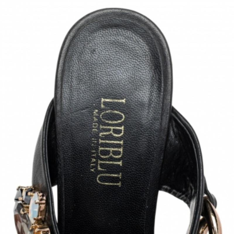 Loriblu Black/Gold Leather Embellished Chain Detail Slide Sandals Size 37.5 2