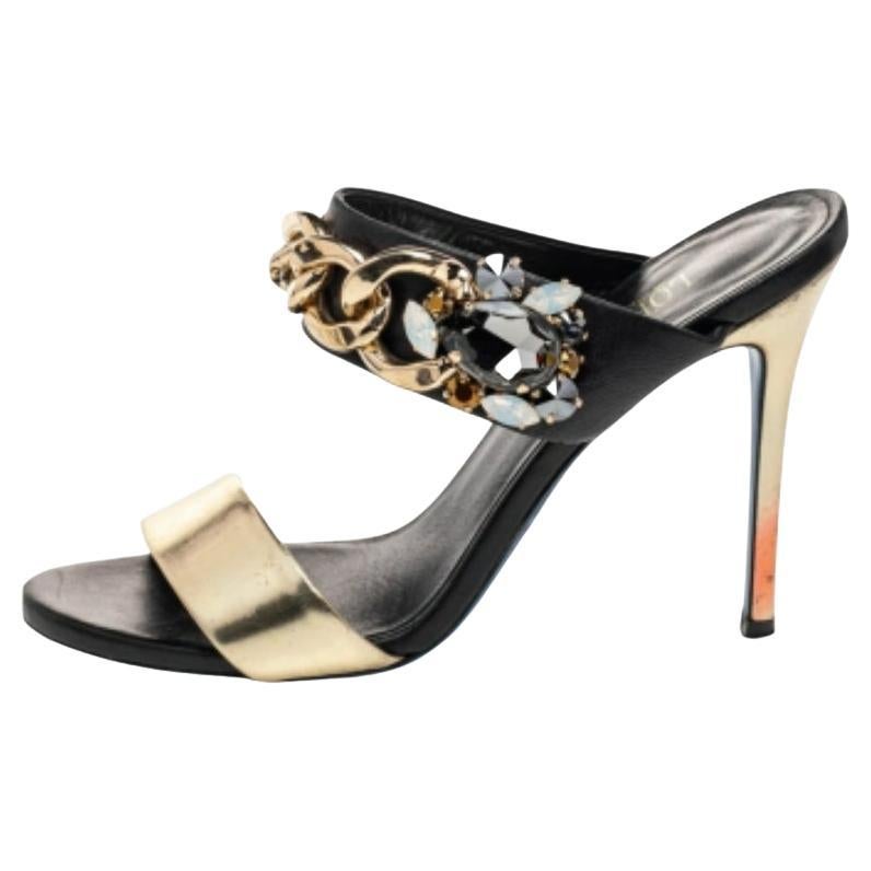 Loriblu Black/Gold Leather Embellished Chain Detail Slide Sandals Size 37.5
