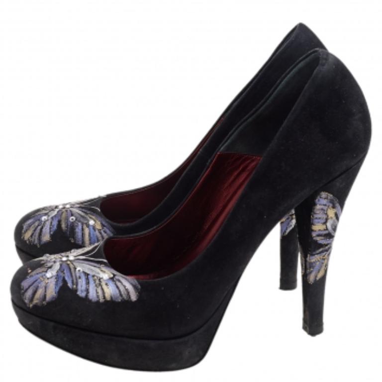 Women's Loriblu Black Suede Butterfly Print Platform Pumps Size 38.5 For Sale