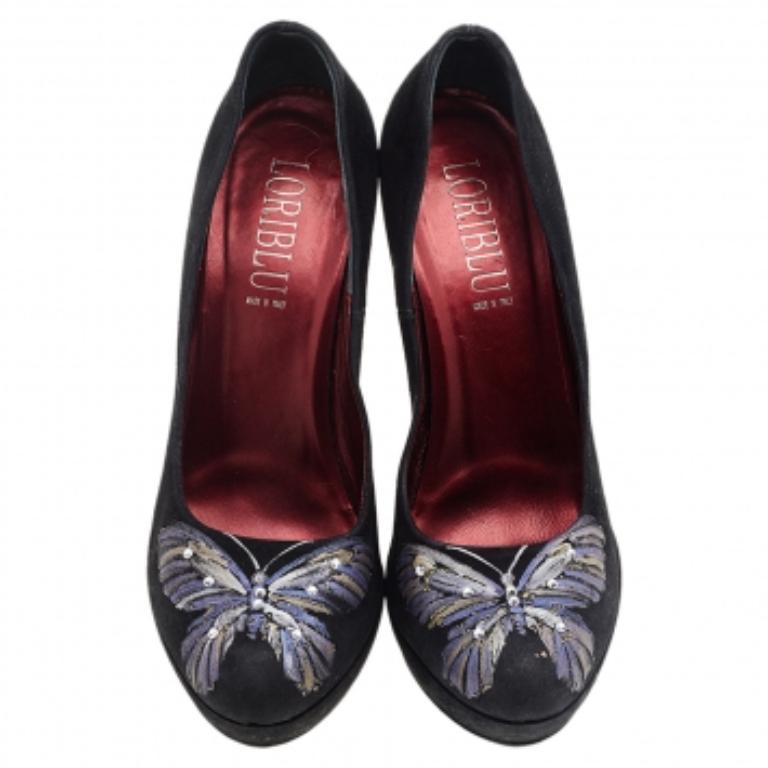 Loriblu Black Suede Butterfly Print Platform Pumps Size 38.5 For Sale 2