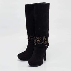 Loriblu Black Suede Cuff Embroidered Knee Length Boots Size 37.5