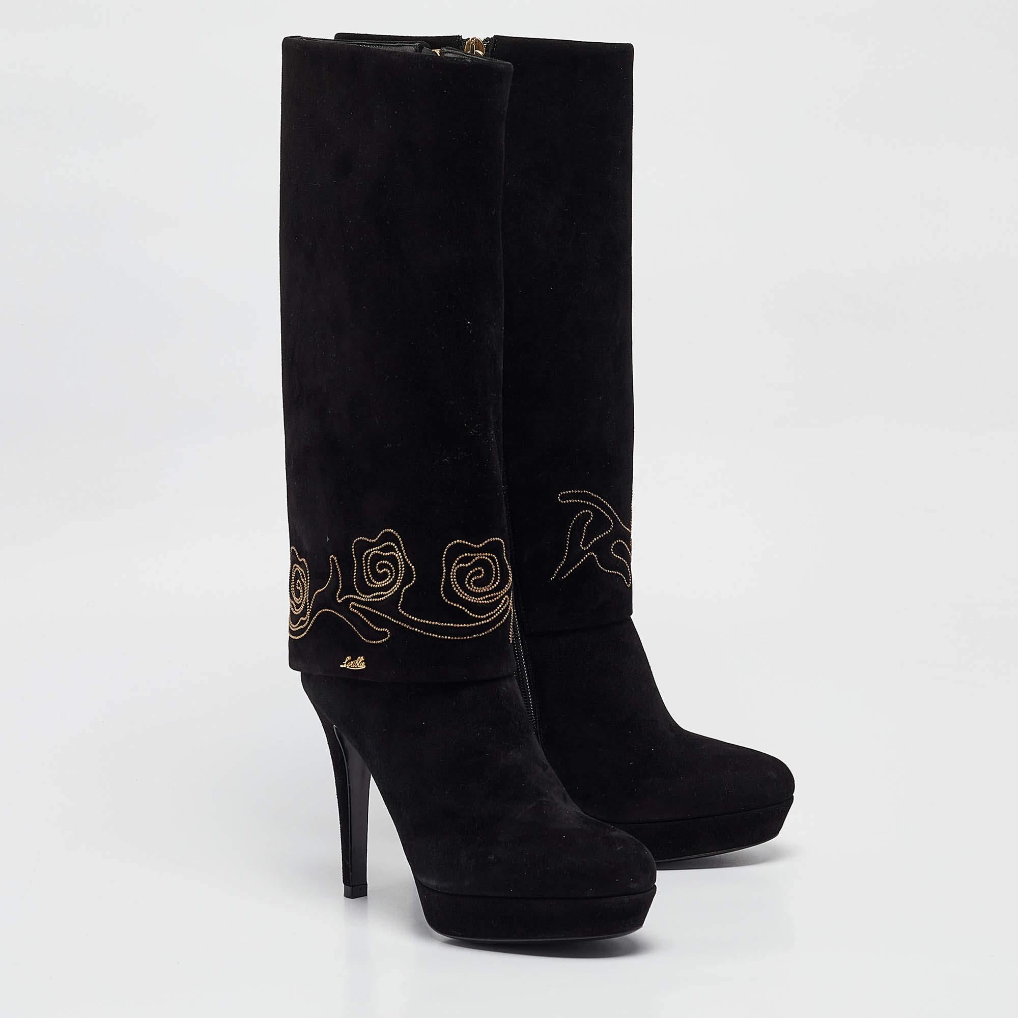 Loriblu Schwarze knielange Stiefel aus Wildleder mit Manschettenstickerei Größe 37,5 Damen im Angebot