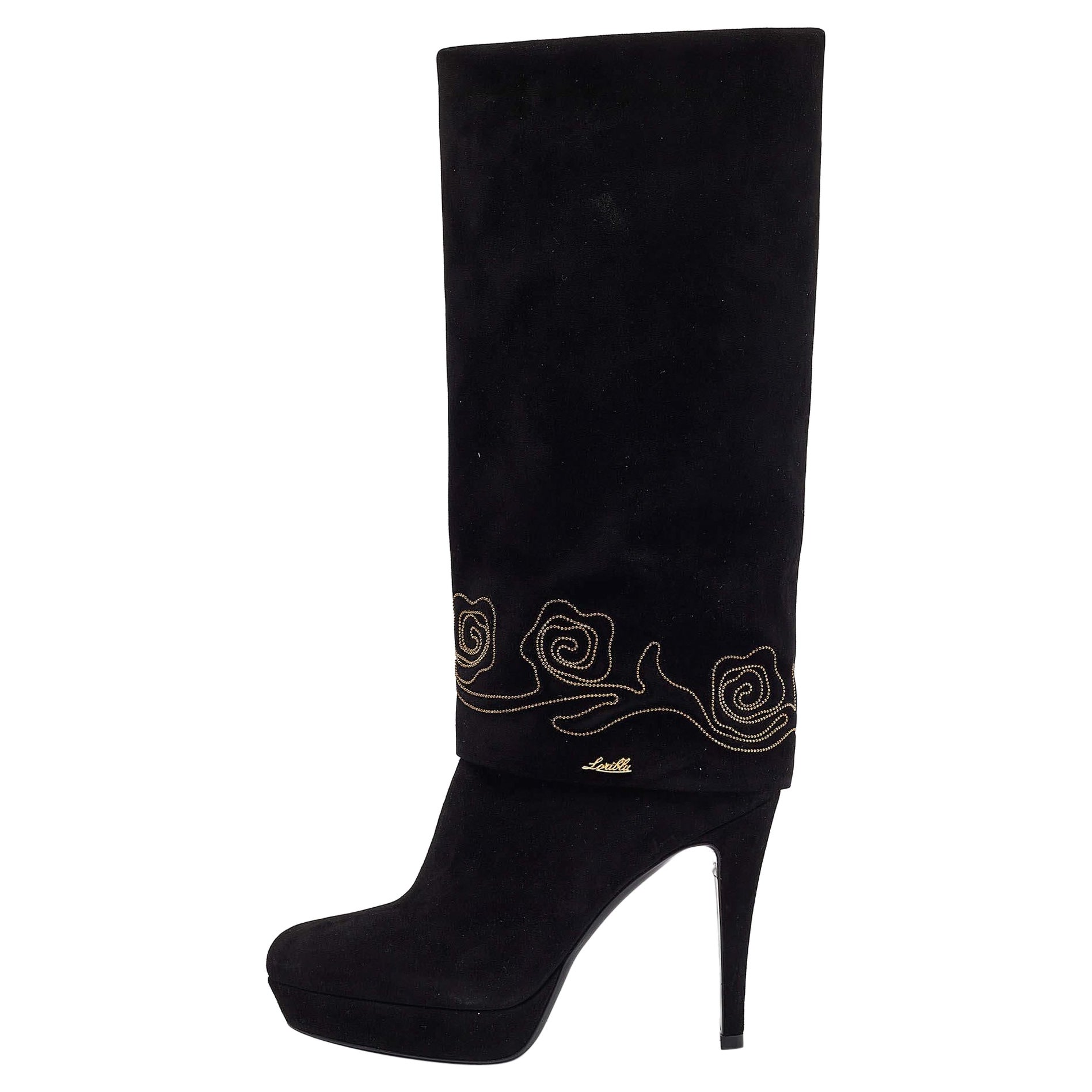 Loriblu Botas de ante negro con puño bordado hasta la rodilla Talla 37.5
