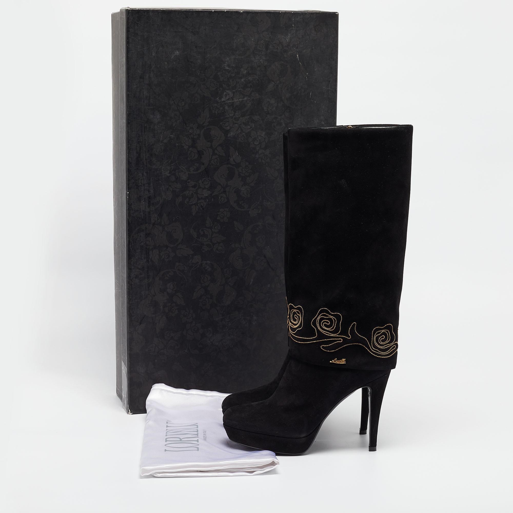 Loriblu Black Suede Embroidered Knee Length Platform Boots Size 37.5 For Sale 6