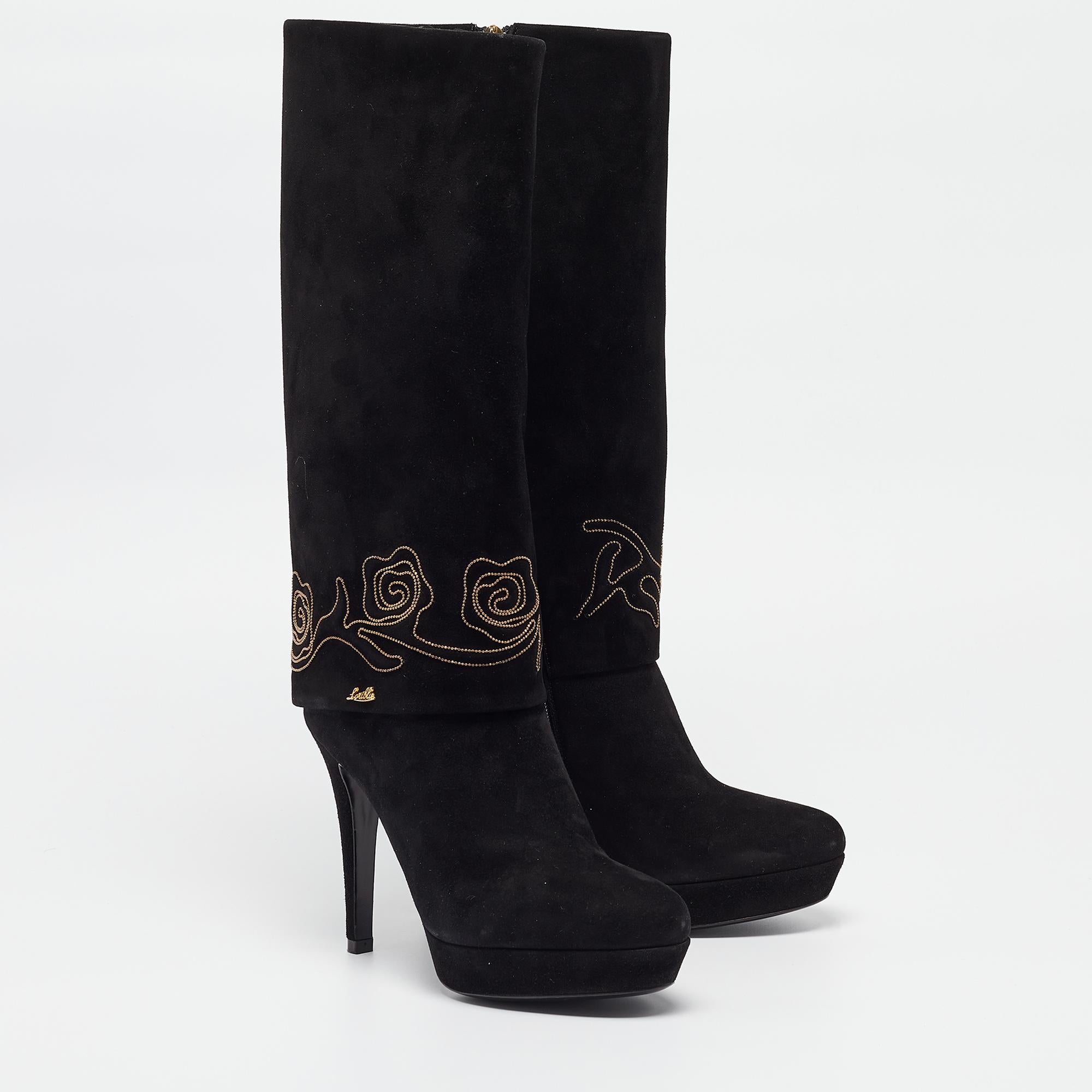 Women's Loriblu Black Suede Embroidered Knee Length Platform Boots Size 37.5 For Sale