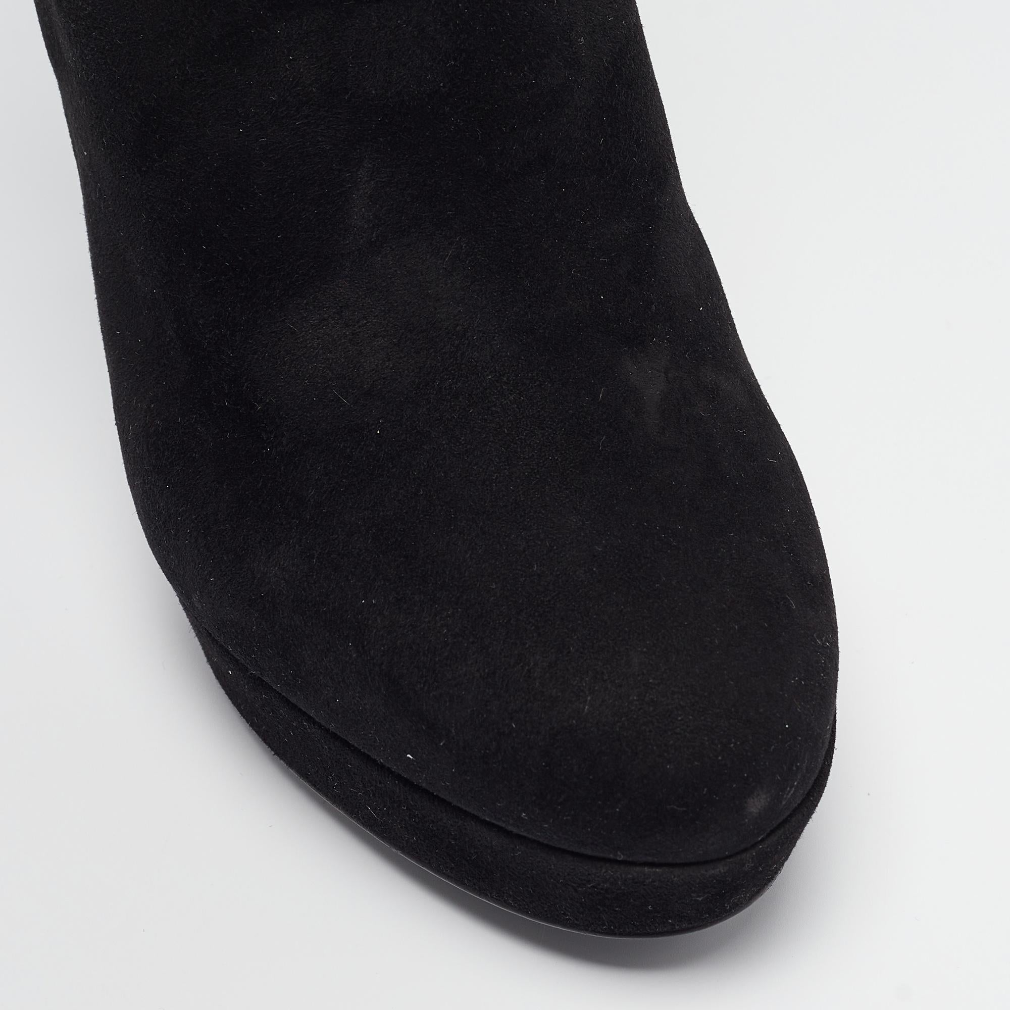 Loriblu Black Suede Embroidered Knee Length Platform Boots Size 37.5 For Sale 1