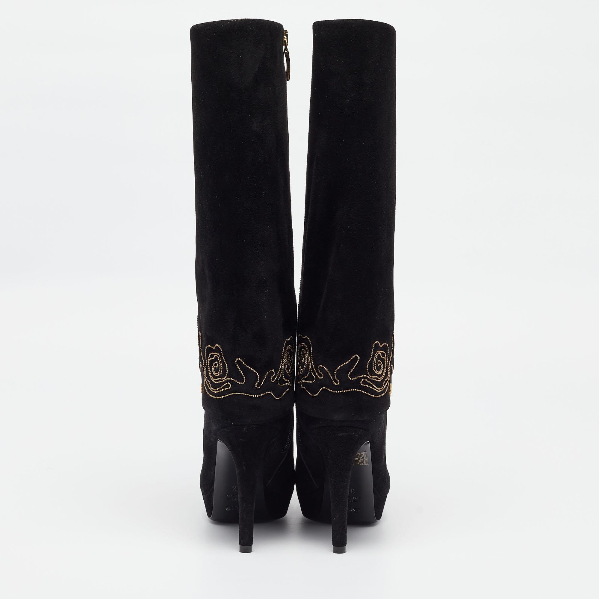 Loriblu Black Suede Embroidered Knee Length Platform Boots Size 37.5 For Sale 2