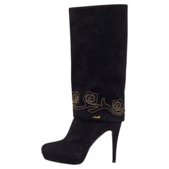 Loriblu Black Suede Embroidered Knee Length Platform Boots Size 37.5