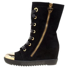 Loriblu Black Suede Metal Cap Toe Wedge Heel Calf Boots Size 36
