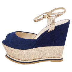 Loriblu Blue/Gold Suede and Glitter Wedge Platform Ankle Strap Sandals Size 37.5