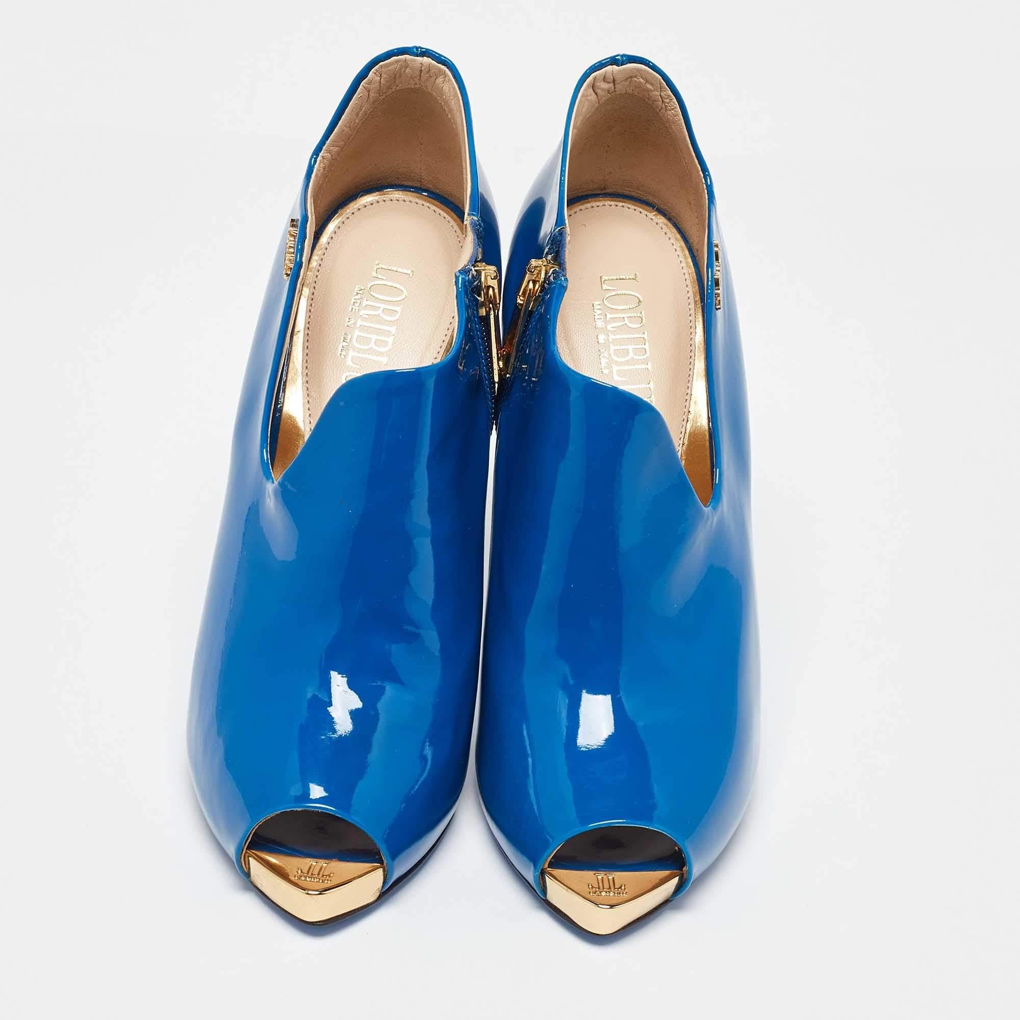 Bleu Bottines Loriblu en cuir verni bleu avec fermeture éclair, taille 36 en vente