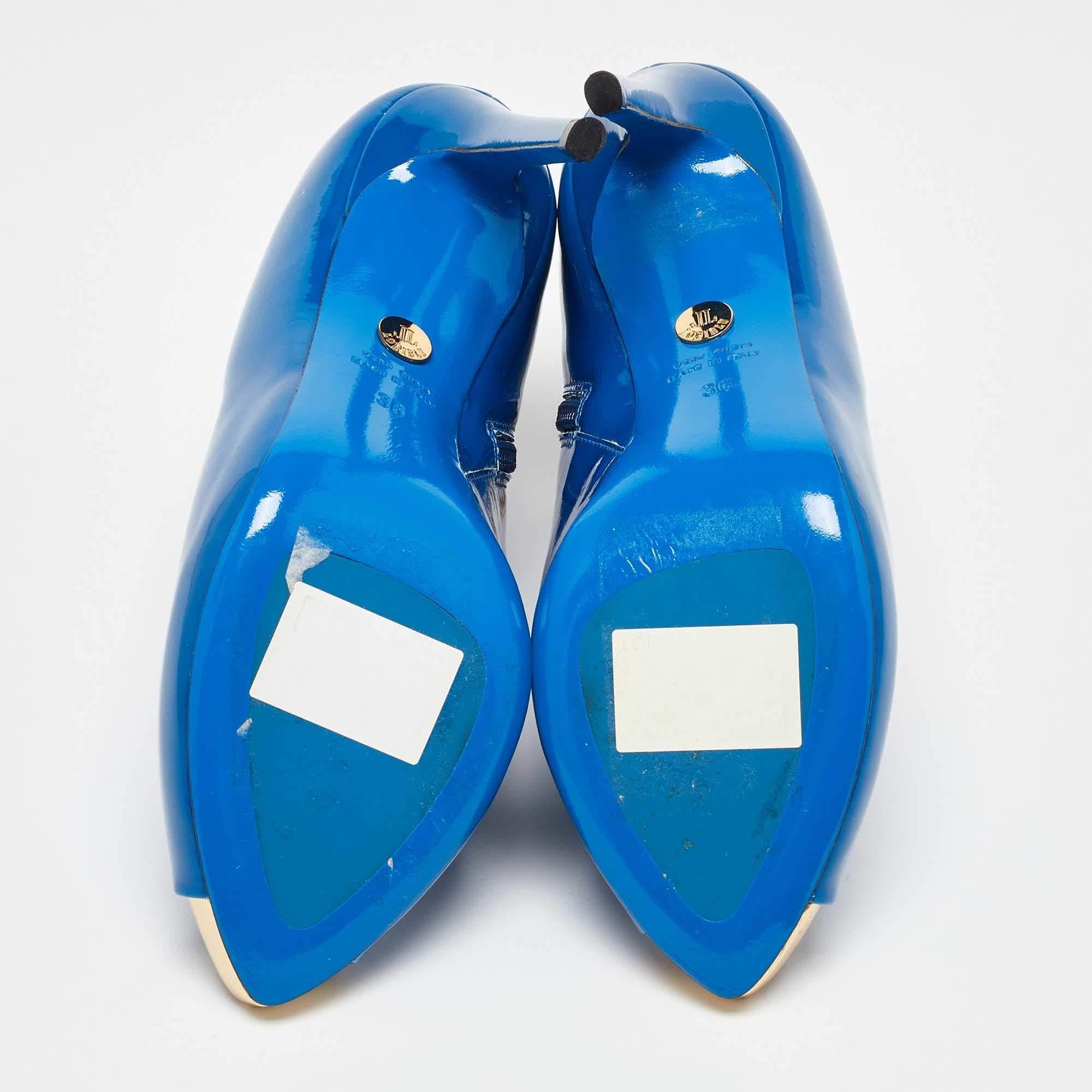 Bottines Loriblu en cuir verni bleu avec fermeture éclair, taille 36 en vente 1