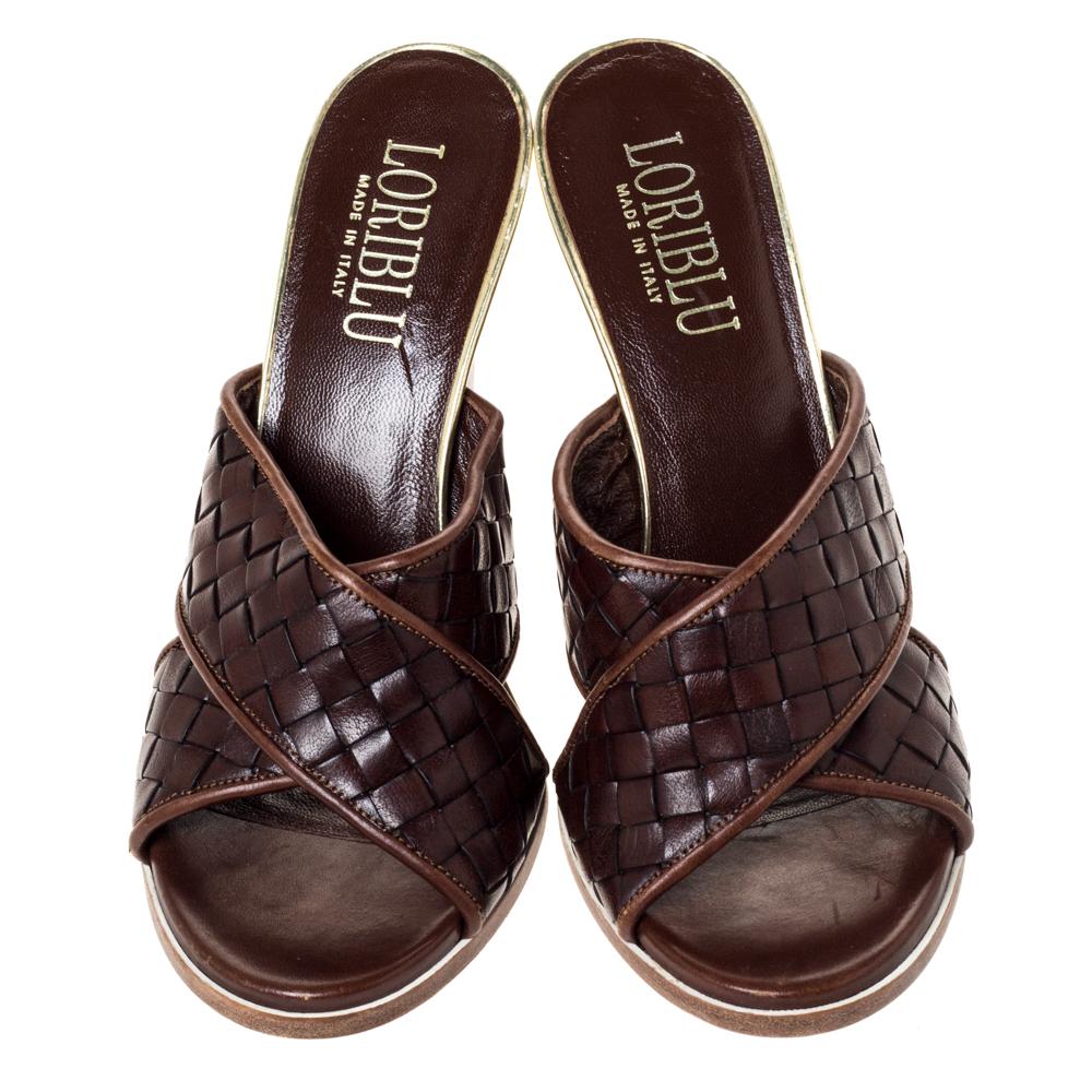 Loriblu Sandalias de cuña de piel entrecruzada marrón/oro talla 38 Negro