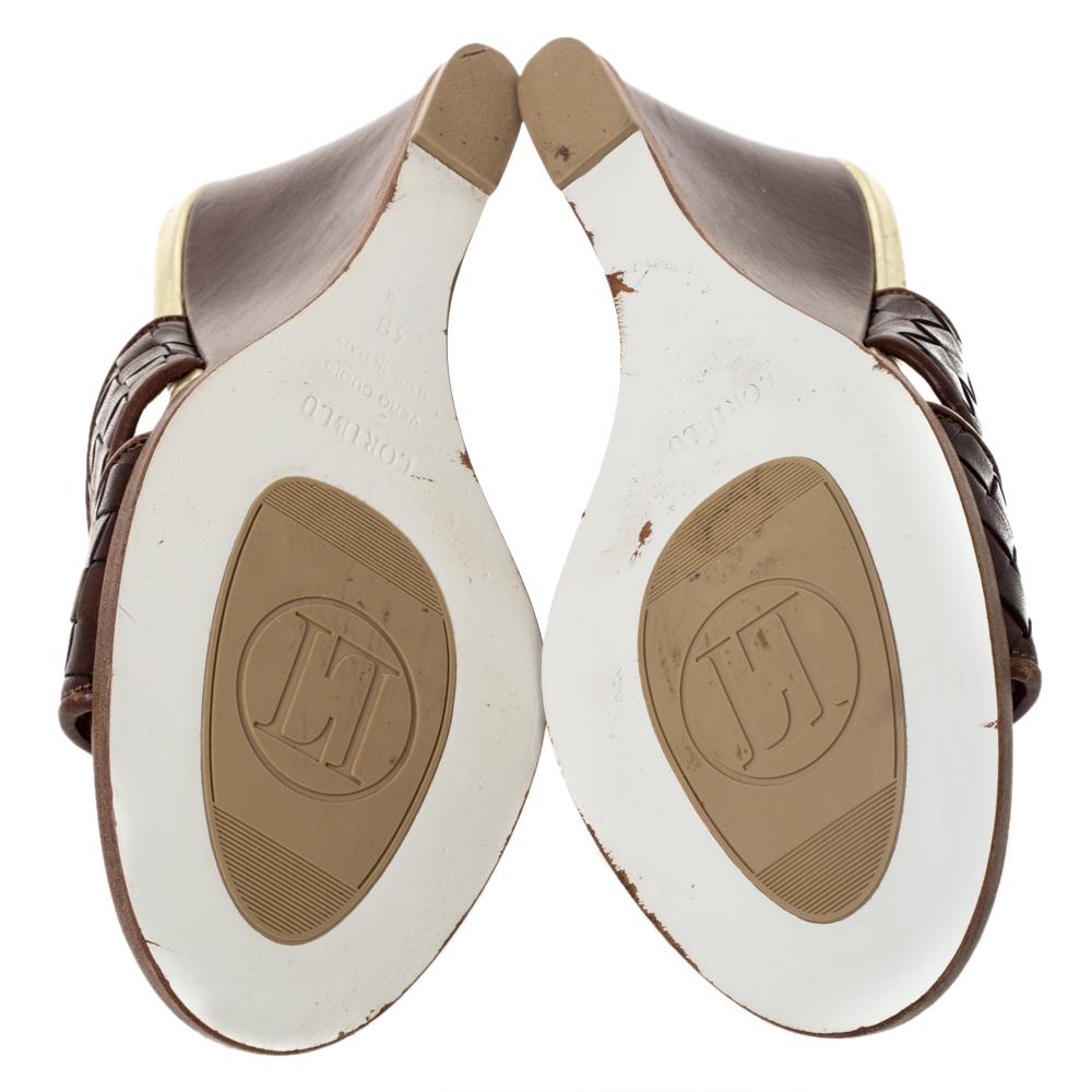 Loriblu Sandalias de cuña de piel entrecruzada marrón/oro talla 38 2