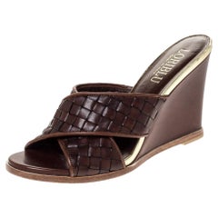 Loriblu Brown/Gold Woven Criss Cross Leather Wedge Sandals Size 38