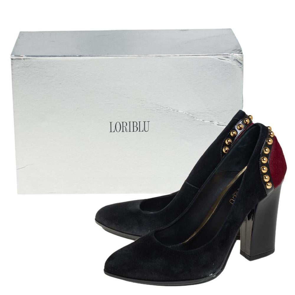 Loriblu Burgundy/Black Suede and Pony Hair Studded Block Heel Pumps Size 38 2