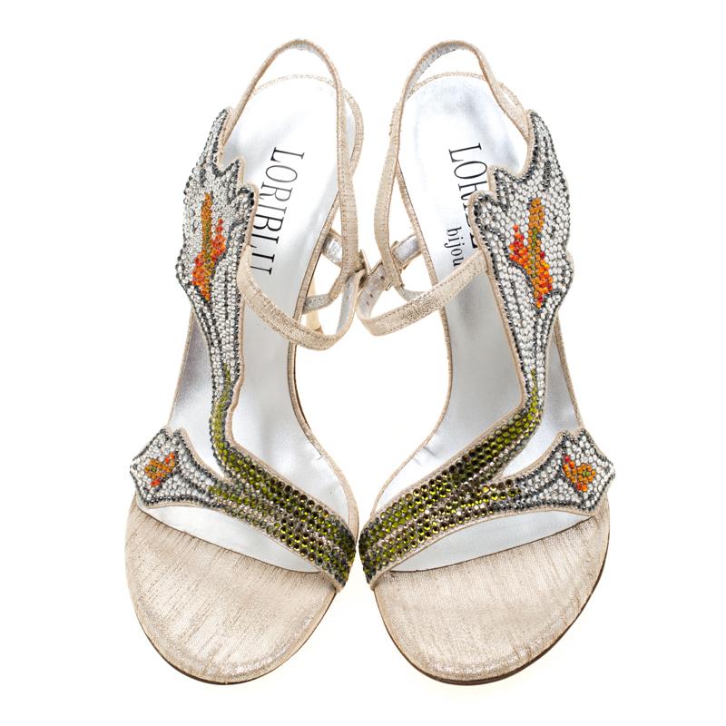 Loriblu Metallic Beige Suede Crystal Embellished Slingback Sandals Size 38 In New Condition In Dubai, Al Qouz 2