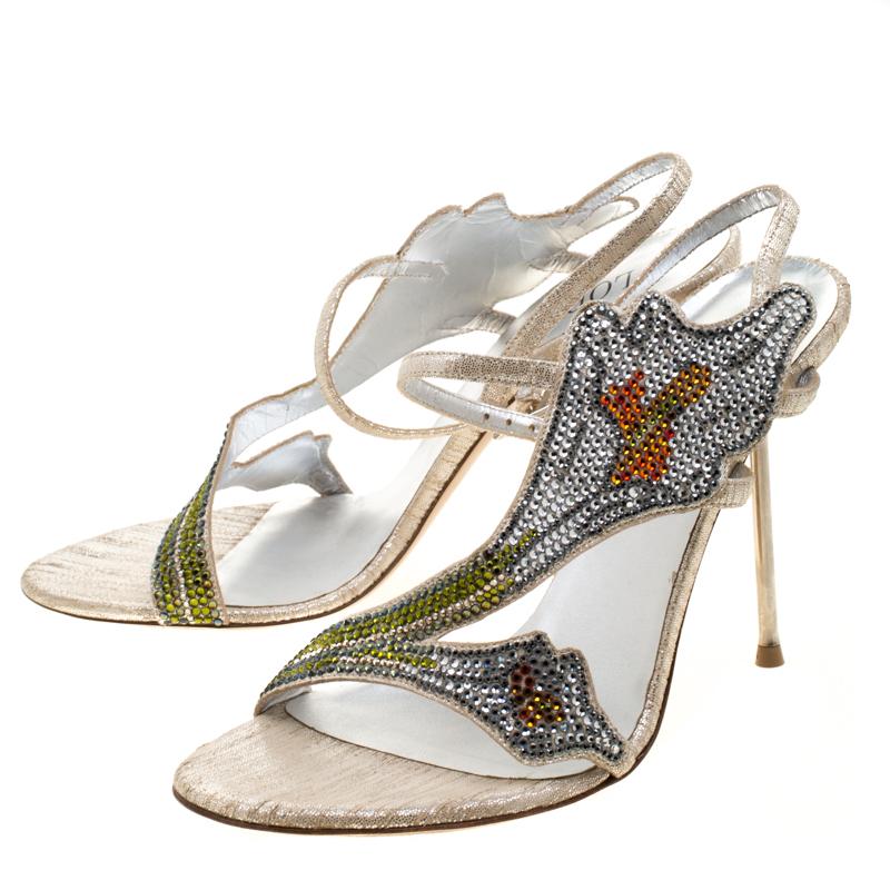 Women's Loriblu Metallic Beige Suede Crystal Embellished Slingback Sandals Size 38