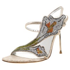 Loriblu Metallic Beige Suede Crystal Embellished Slingback Sandals Size 38