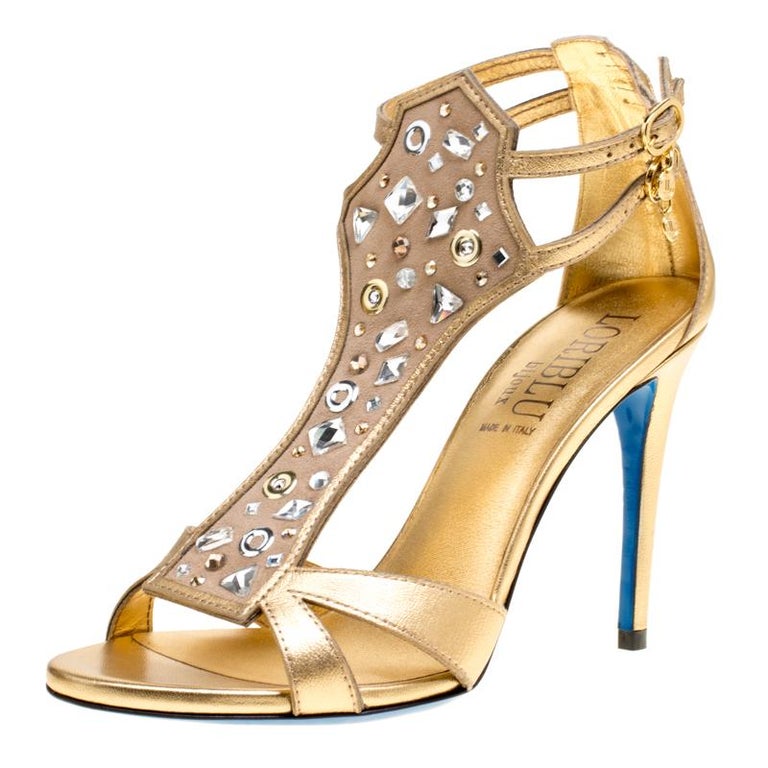 Loriblu Metallic Gold Leather and Suede Crystal Embellished Sandals ...