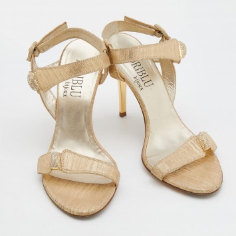 Women's Loriblu Metallic Gold Leather Crystal Embellished Ankle Strap Sandals Size 38