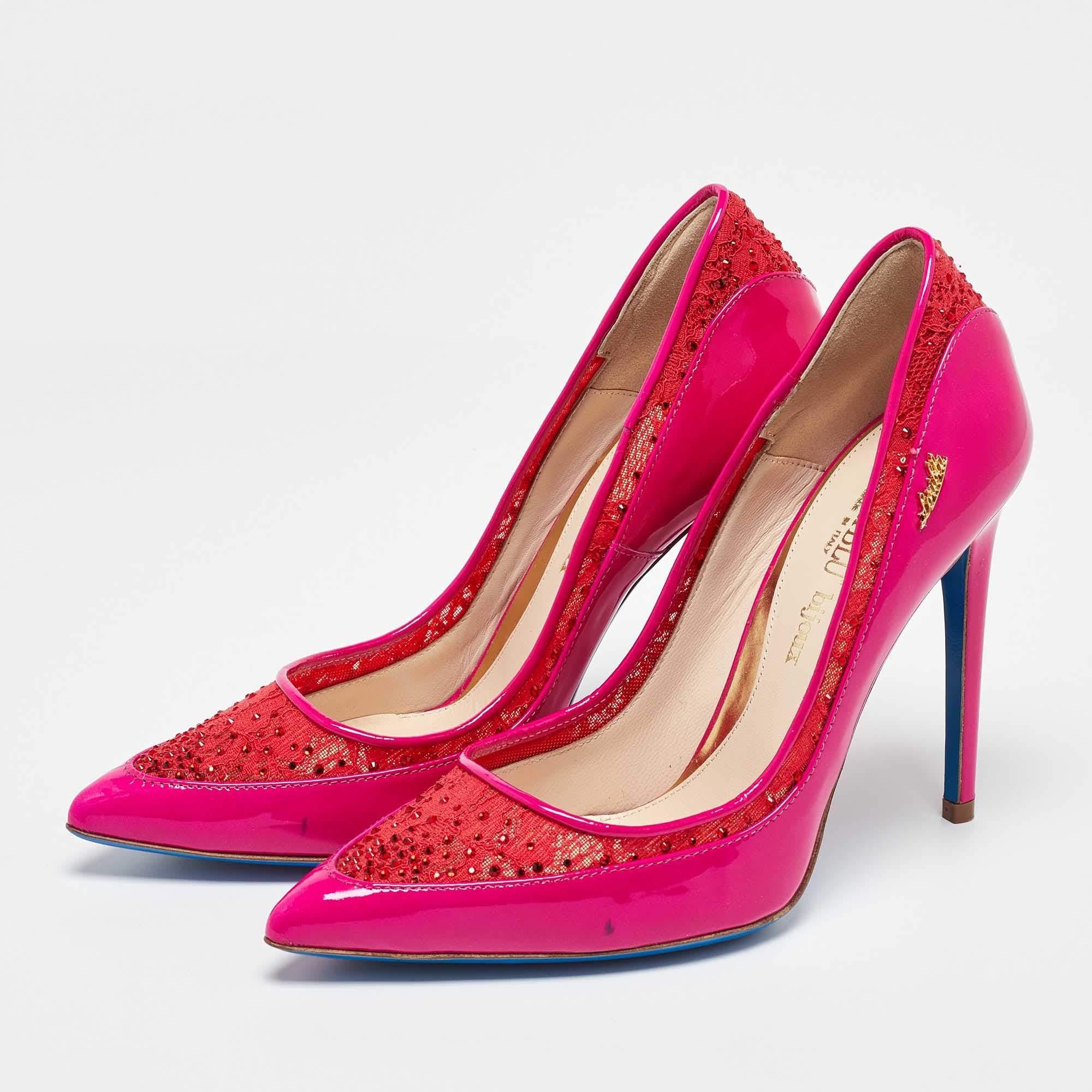 Make a chic style statement with these designer pumps. They showcase sturdy heels and durable soles perfect for your fashionable outings