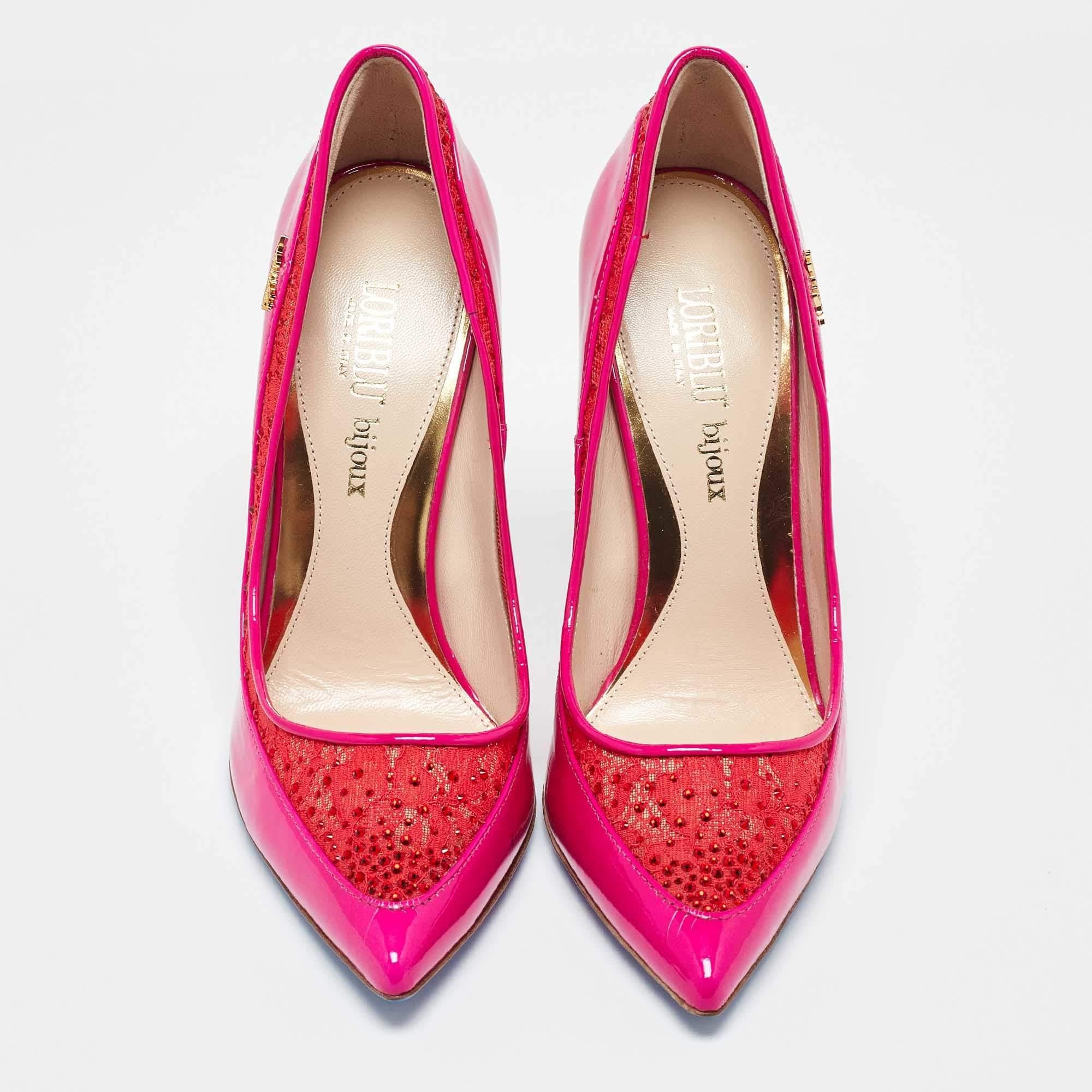Red Loriblu Multicolor Lace and Patent Leather Pointed Toe Pumps Size 38