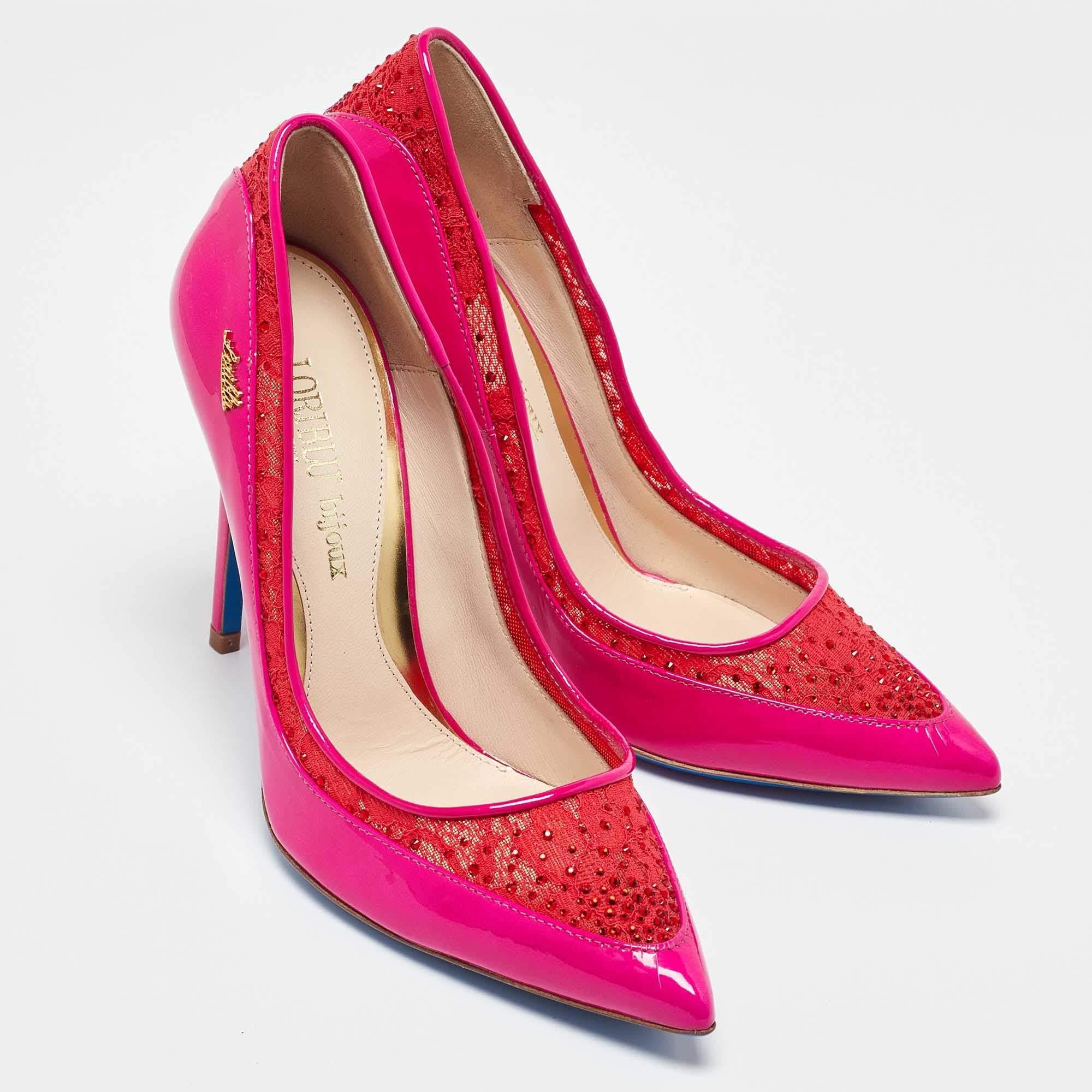 Loriblu Multicolor Lace and Patent Leather Pointed Toe Pumps Size 38 In Good Condition In Dubai, Al Qouz 2