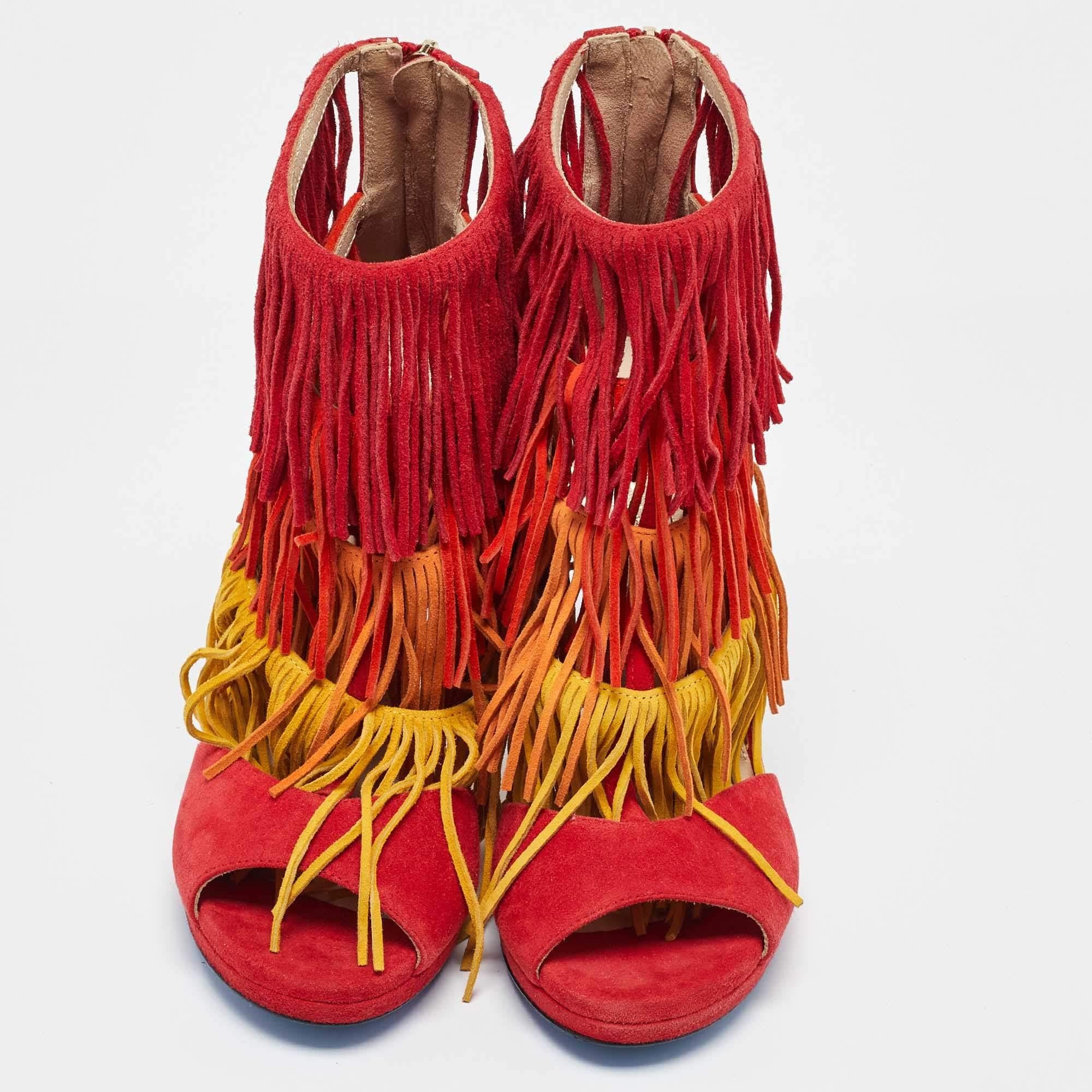 Loriblu Mehrfarbige Plateausandalen aus Wildleder mit Ausschnitt und Fransen Größe 37,5 (Rot) im Angebot