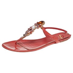 Loriblu Orange Leather Crystal Embellished Ankle Strap Flat Sandals Size 40
