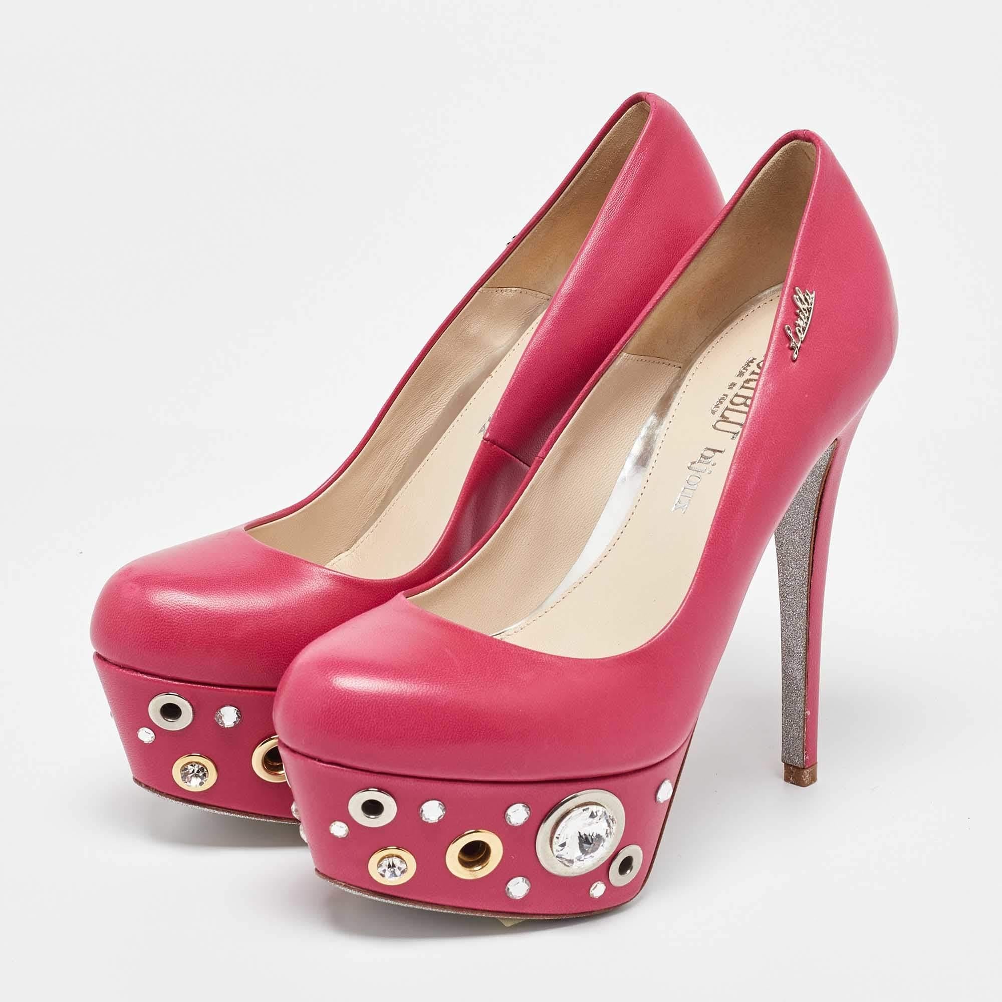 These gorgeous platform pumps from Loriblu simply stand out Crafted from pink leather they come endowed with comfortable leather lined insoles. They stand tall on 13cm heels along with crystalembellished platforms and will look amazing with your