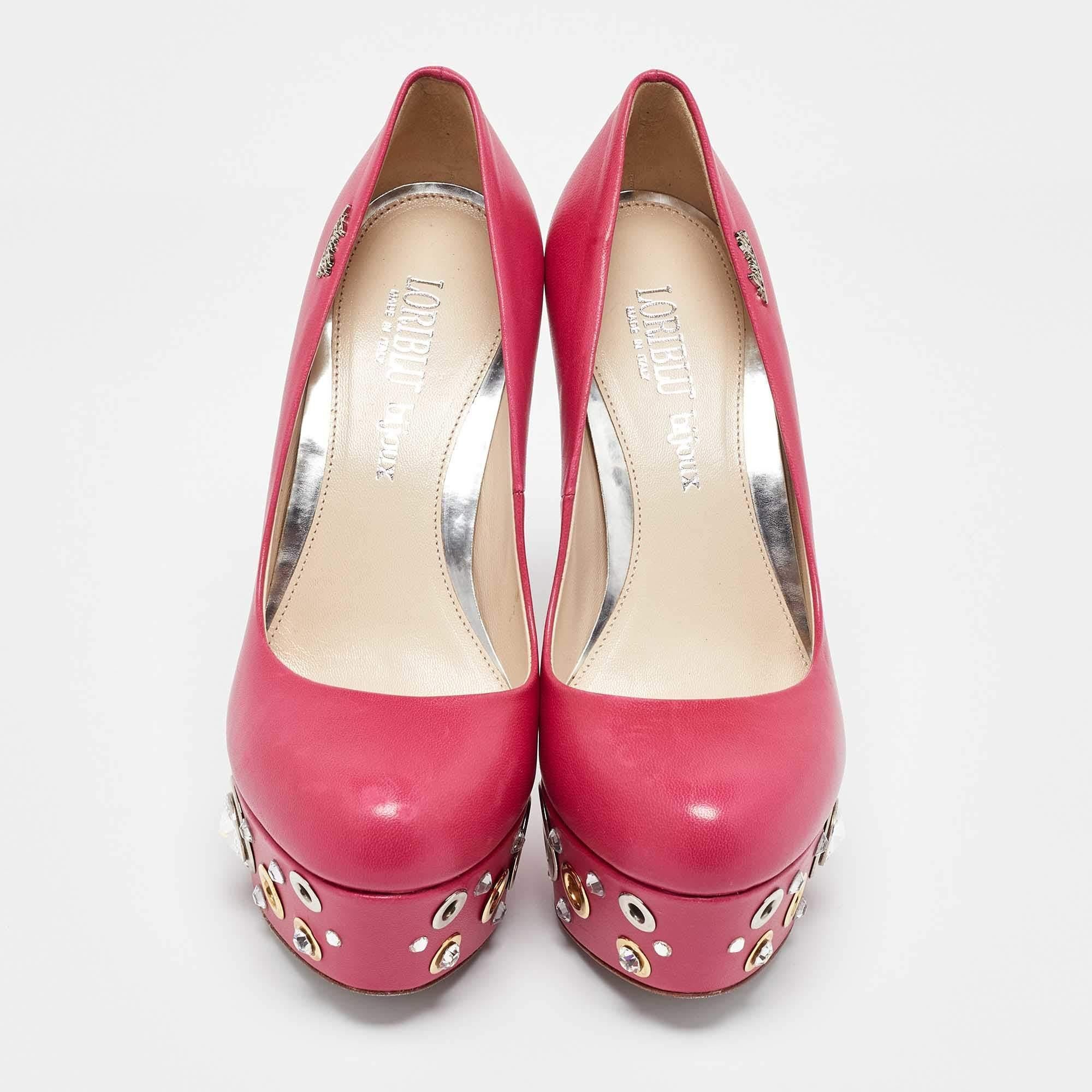 Loriblu Pink Leather Crystal Embellished Platform Pumps Size 35 In Excellent Condition In Dubai, Al Qouz 2