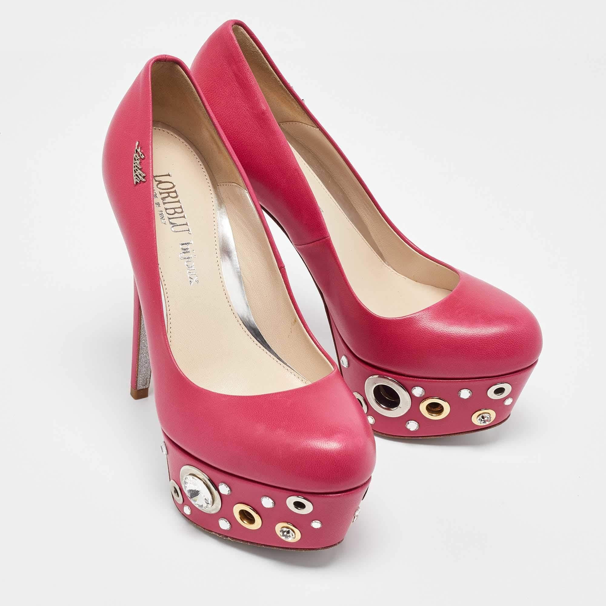 Women's Loriblu Pink Leather Crystal Embellished Platform Pumps Size 35